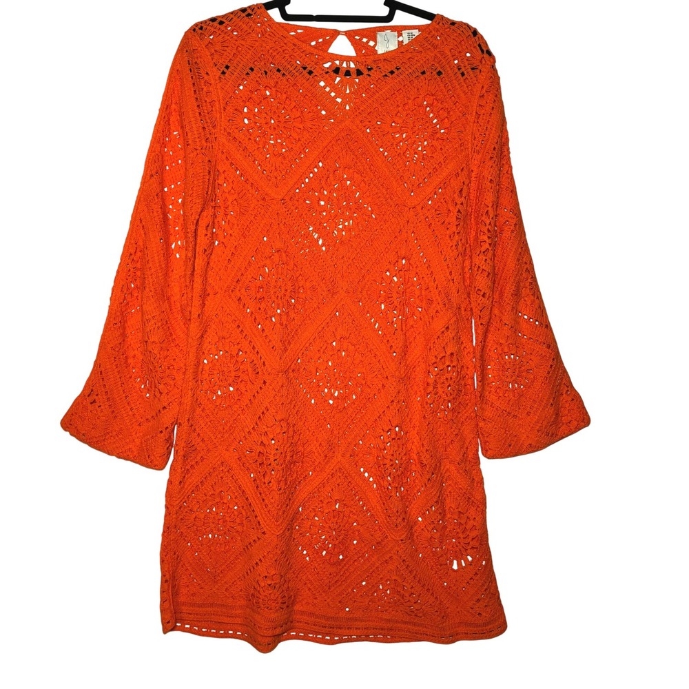 Joie Crochet Cover Up Mini Dress Medium Bell Sleeve Boho Bright Festival Beach